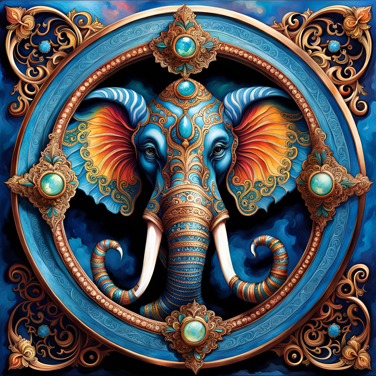 Ornate Fantasy Elephant in Round Copper Frame