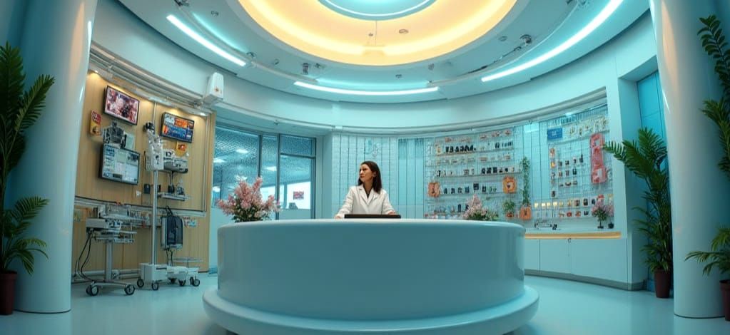 Hyperrealistic Medical Center Reception Desk: Robotic Camera