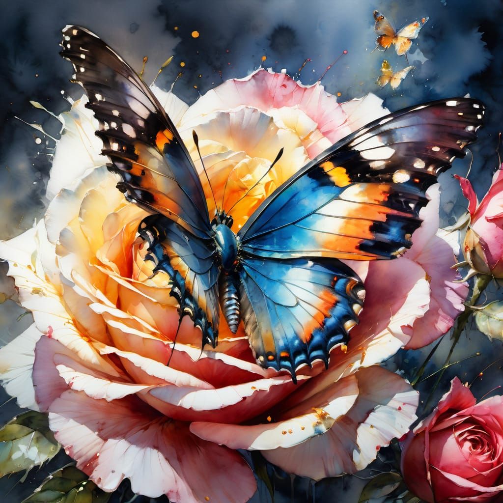 Delicate Butterfly Amidst a Vibrant Rose in Watercolor