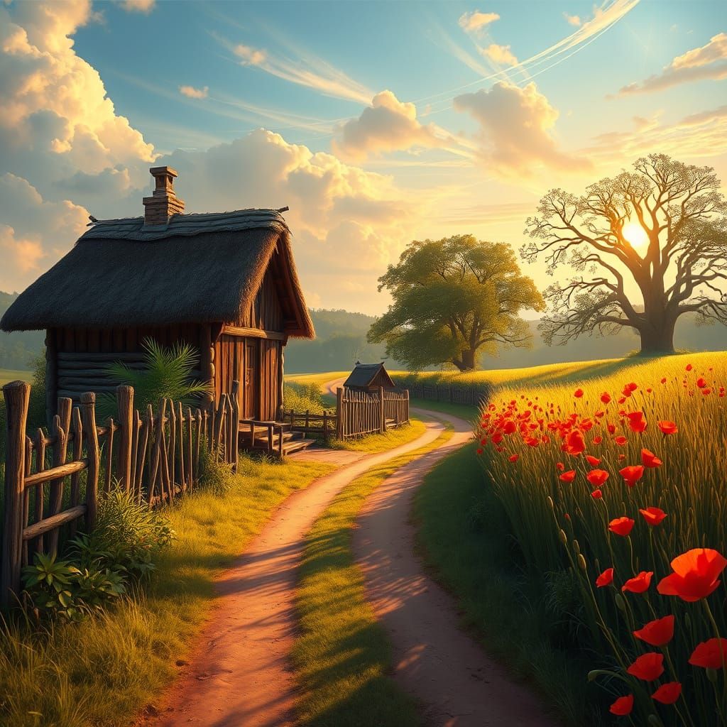 Golden Hour Rural Landscape Painting in Thomas Kinkade Style