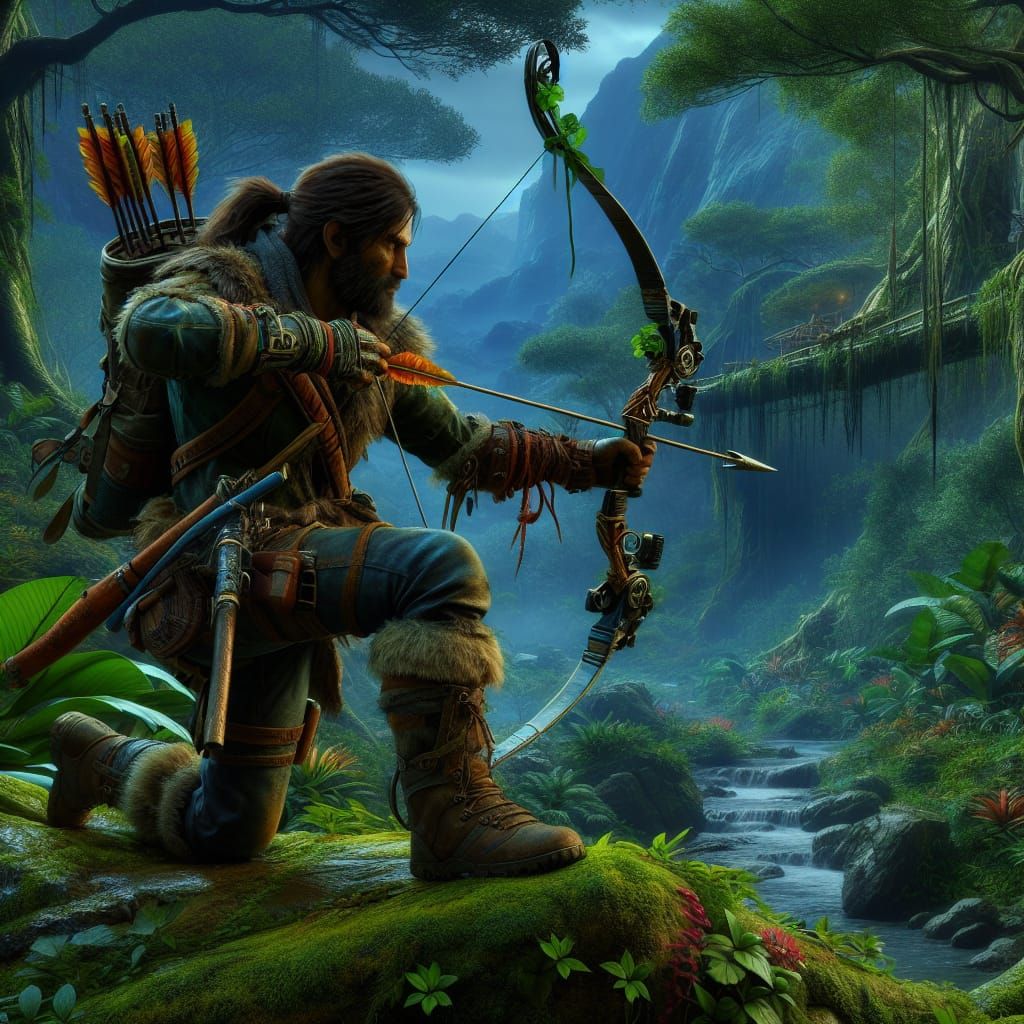Jungle Hunter with Bow in Matte Painting Style