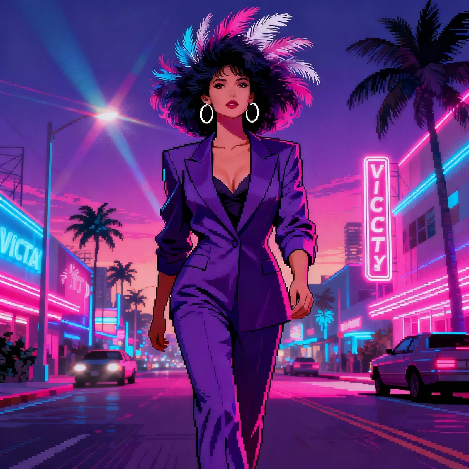 1980s Power Suit Woman on Neon Miami Street