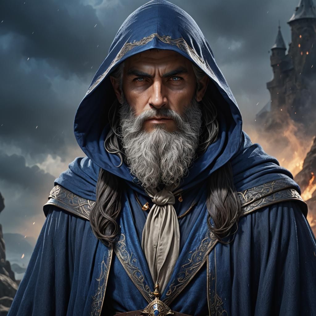 Young Merlin Wizard in Royal Blue Cloak