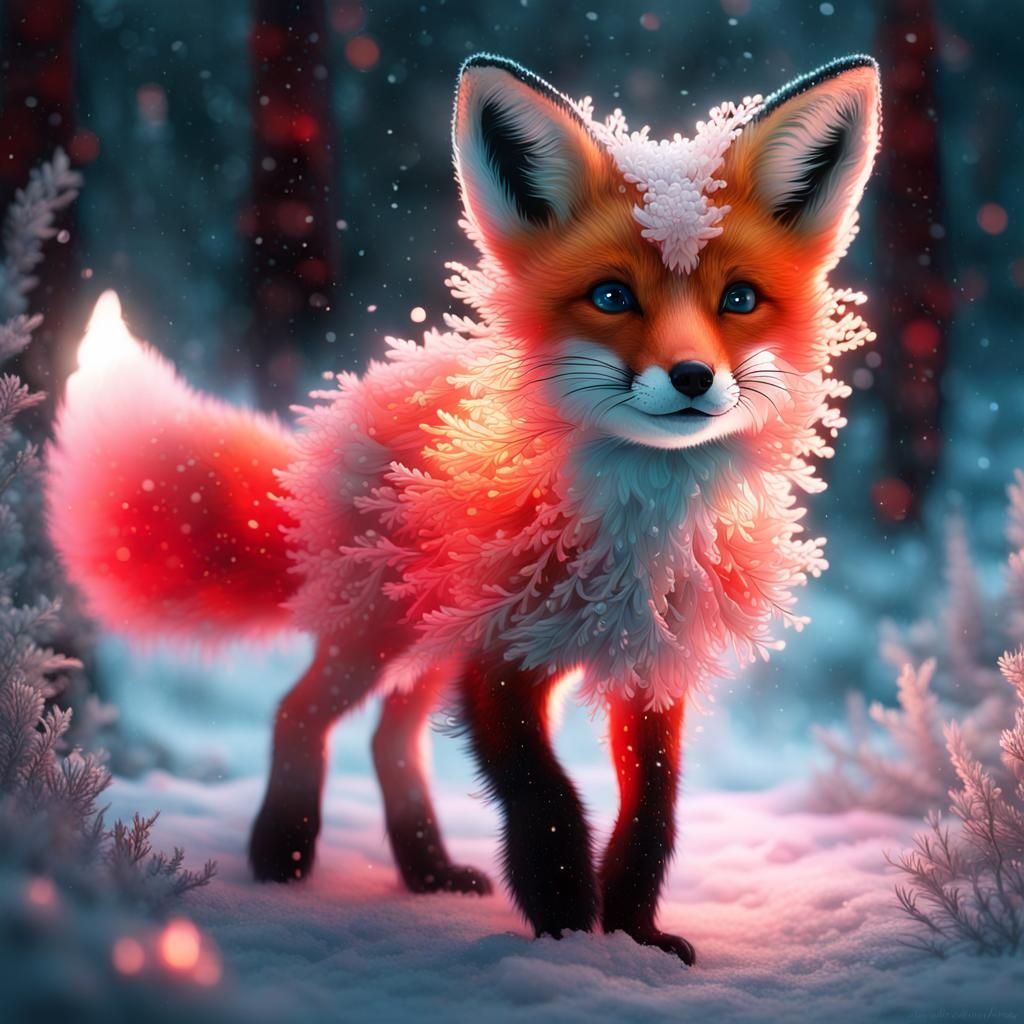 Glowing Red Fox Cub in Snowy Forest
