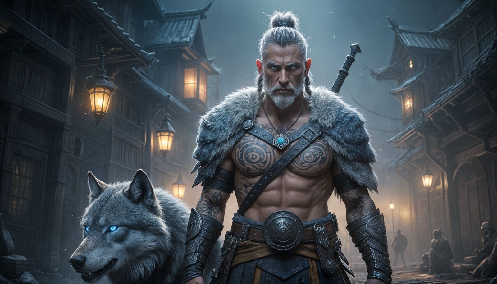 Fantasy Warrior with Wolf Companion in Vibrant Fantasy Town