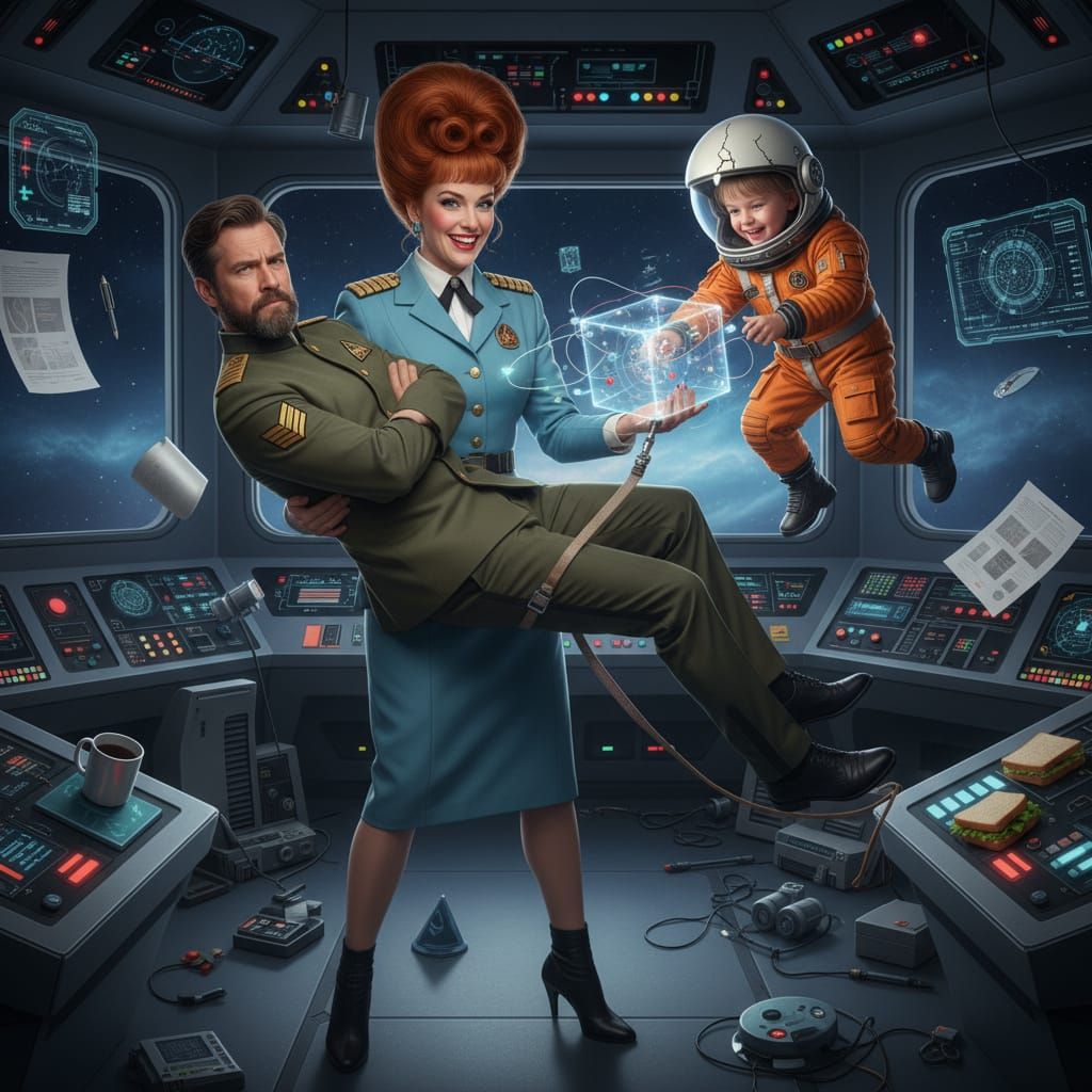 Space Captain and Secretary with Kid Playing Zero G Games