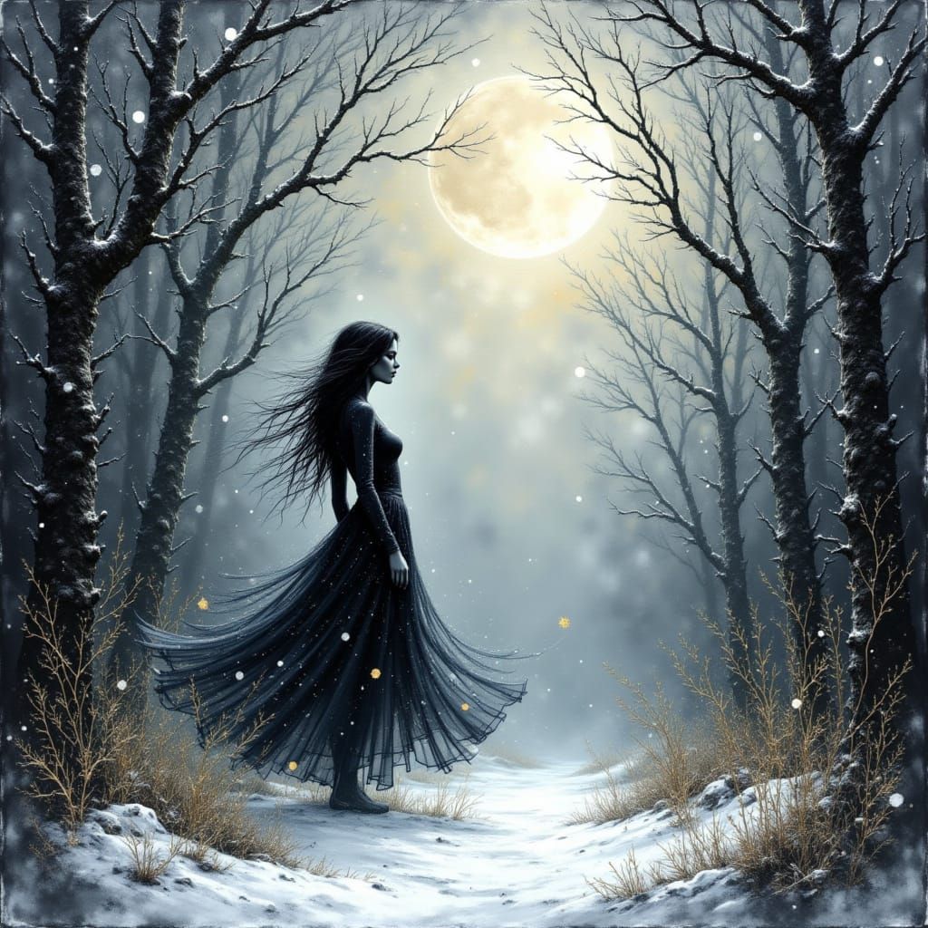 Ethereal Woman in Snowy Forest, Watercolor Style