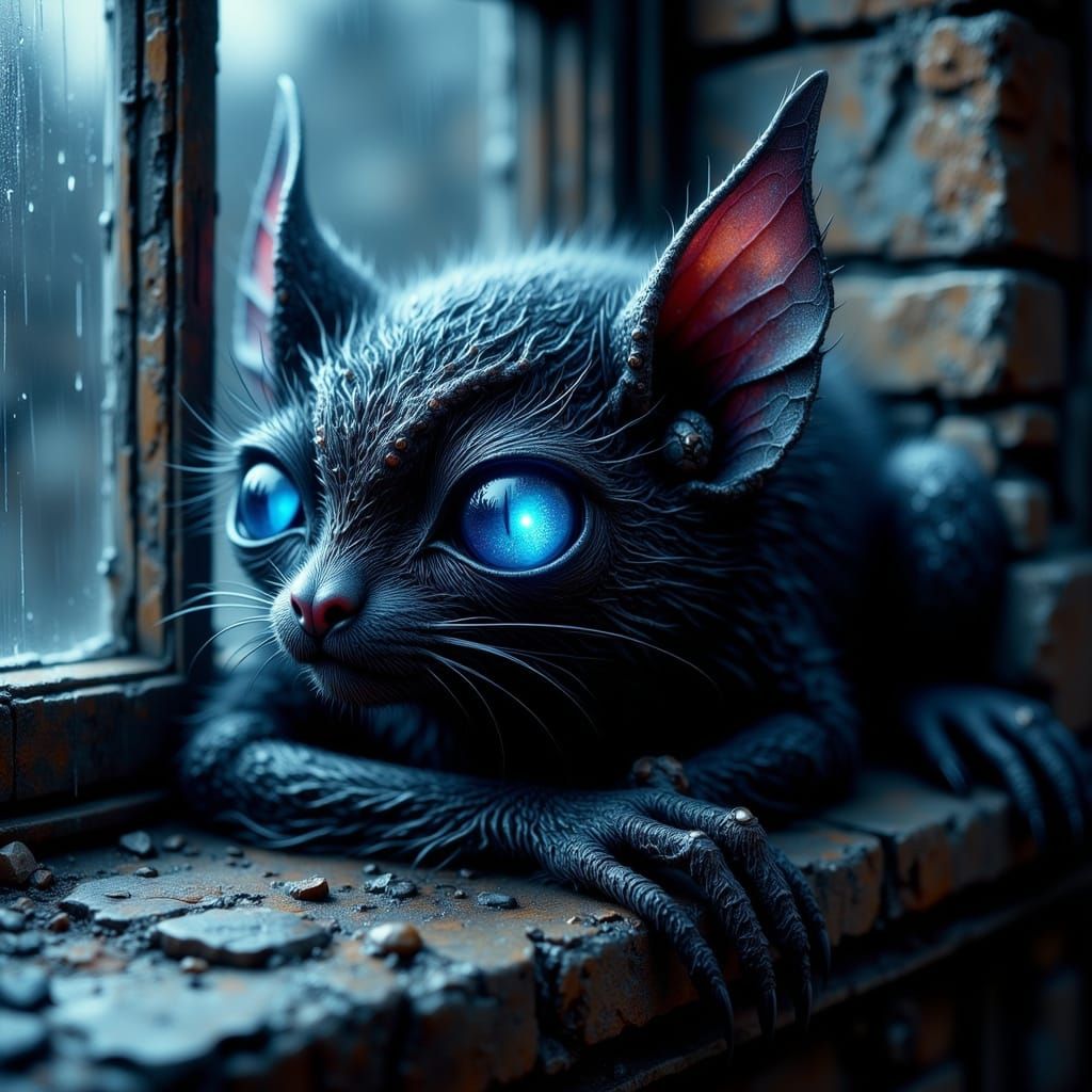 Cyborg Bat with Blue Glowing Eyes on Castle Ledge