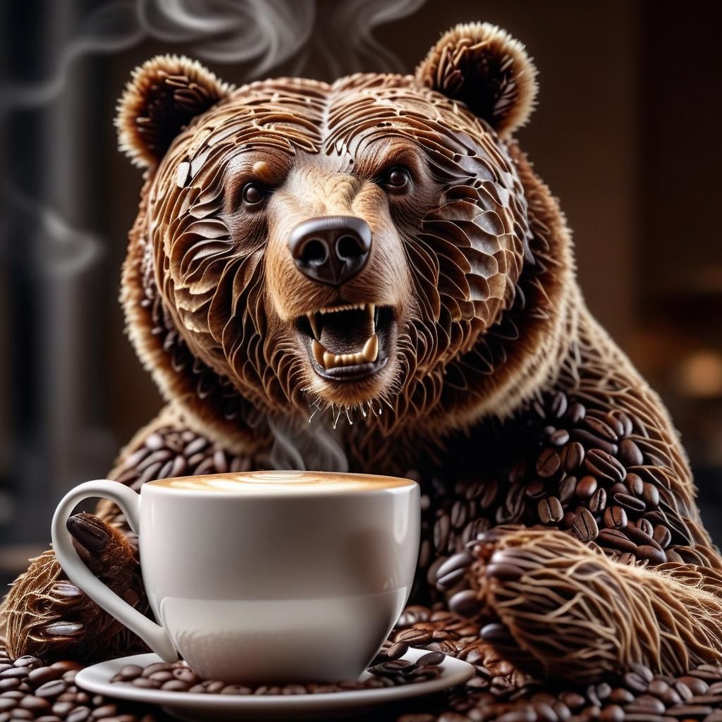 Coffee Bean Bear Drinks Cappuccino: Hyperrealistic Image