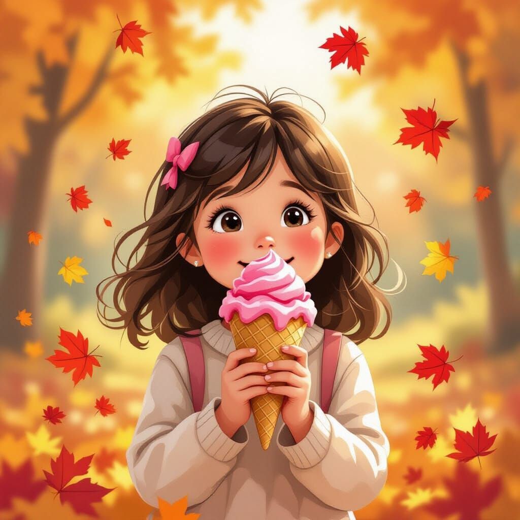 Girl With Pink Ice Cream and Autumn Leaves