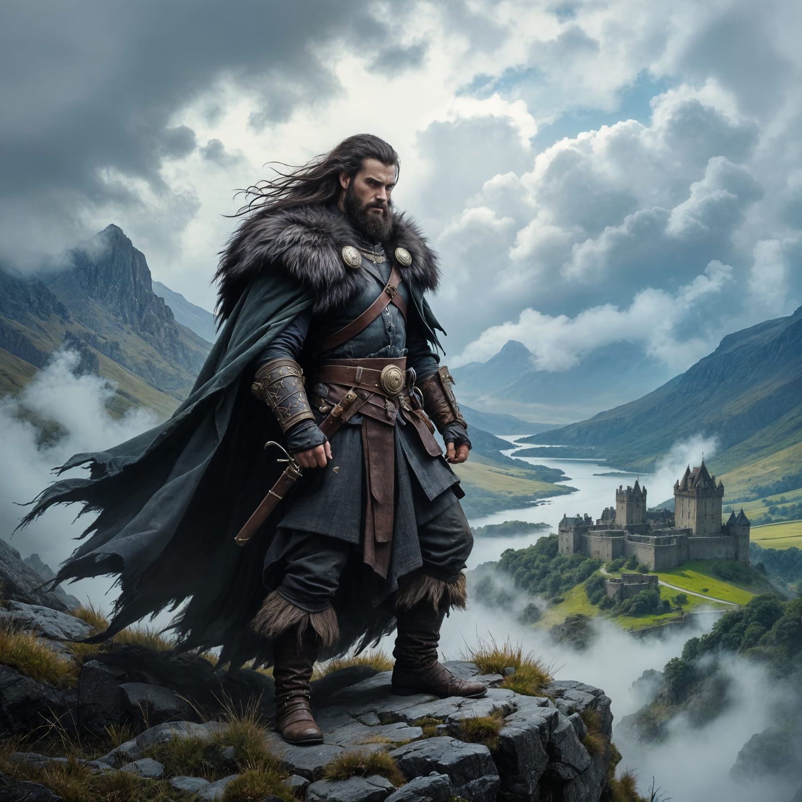 Highland Warlord Overlooking Stormy Scottish Landscape