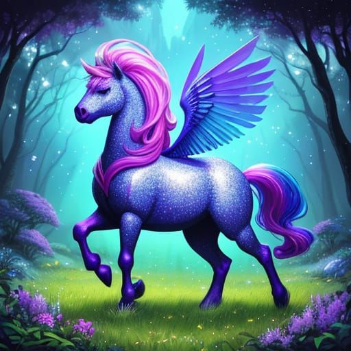 Crystal Pony in Lush Meadow: Mythic Fantasy Art