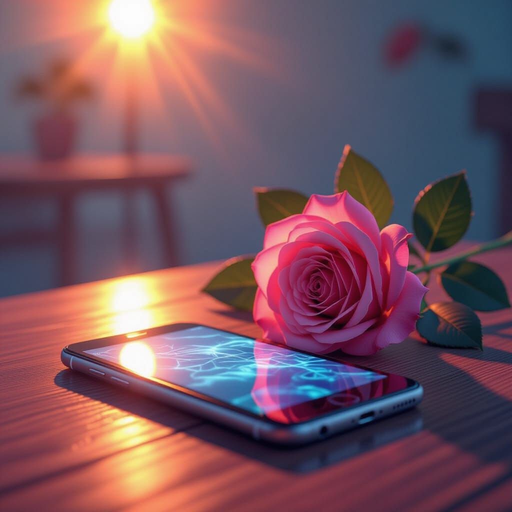 Smartphone With Rose, Dramatic Lighting, Concept Art Style
