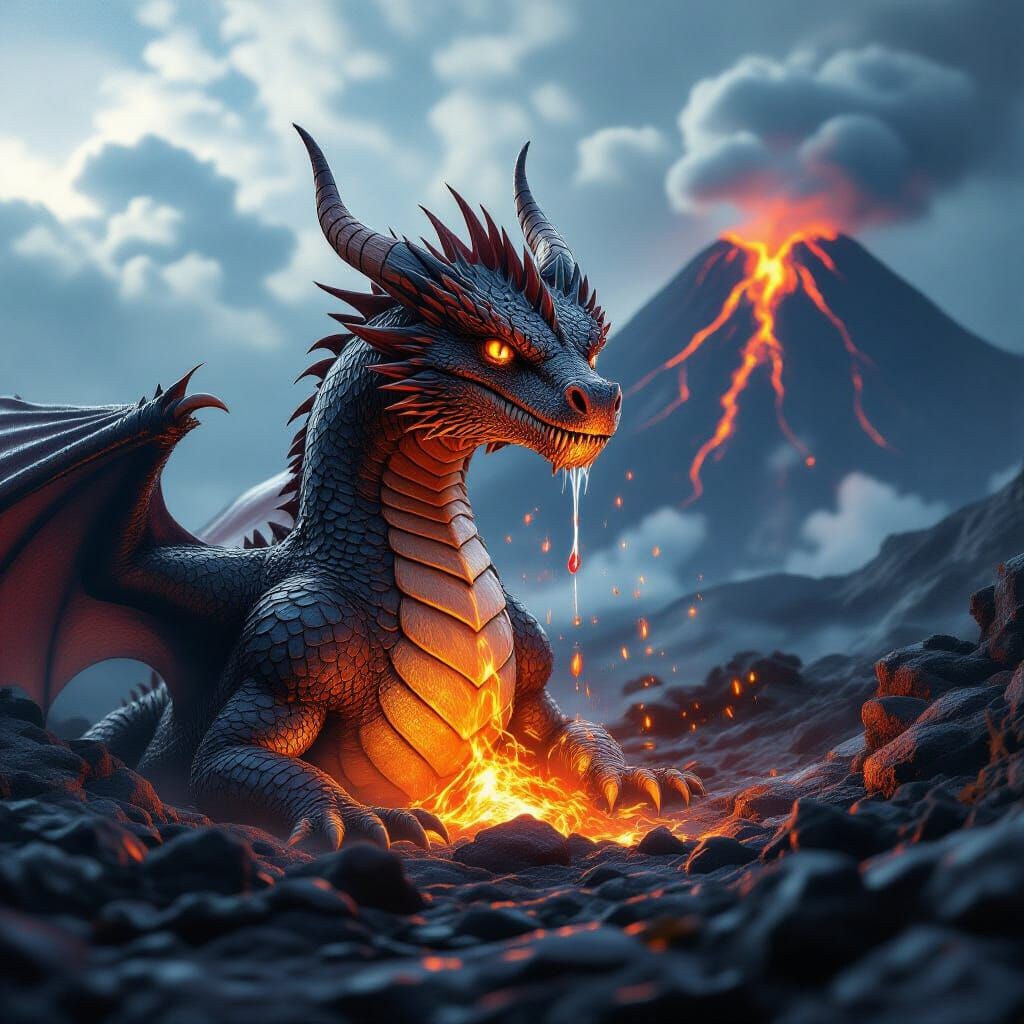 Hyper-Realistic Dragon Cries Tears Waking From Volcano