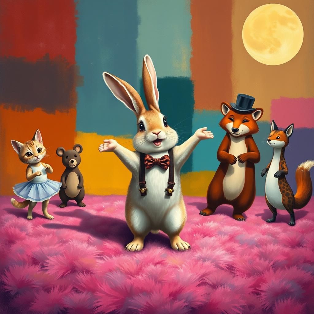 Whimsical Rabbit Dance in Dreamlike Kaleidoscope