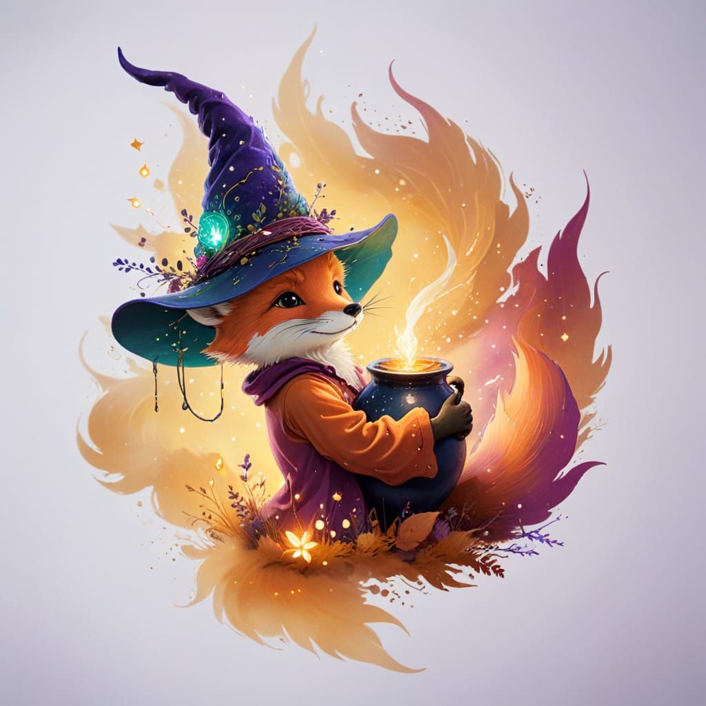 Whimsical Fantasy Gouache Painting of a Red Fox Wizard