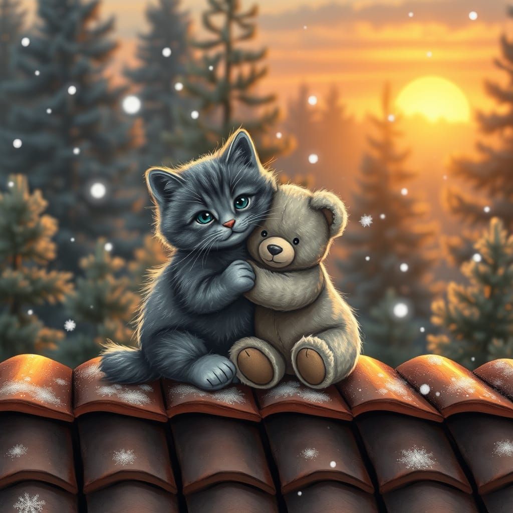 Gray Kitten and Teddy Bear Share a Heartwarming Hug on a Til...