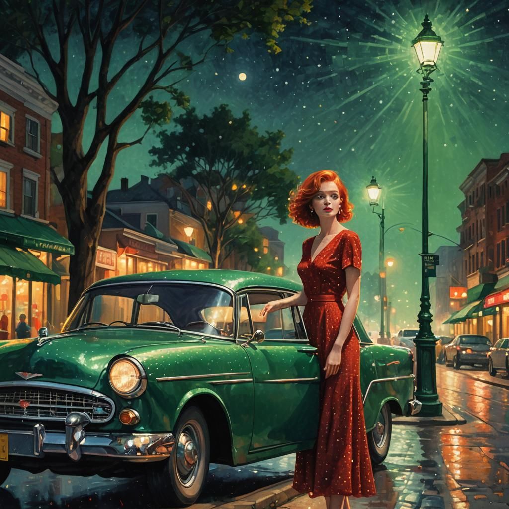 Emerald Car and Redhead in Kinetic Pointillism Style