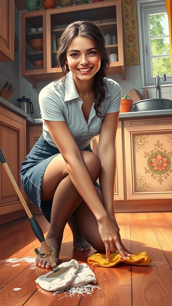 Young Woman Cleaning Kitchen in Hyperrealistic Art Nouveau S...