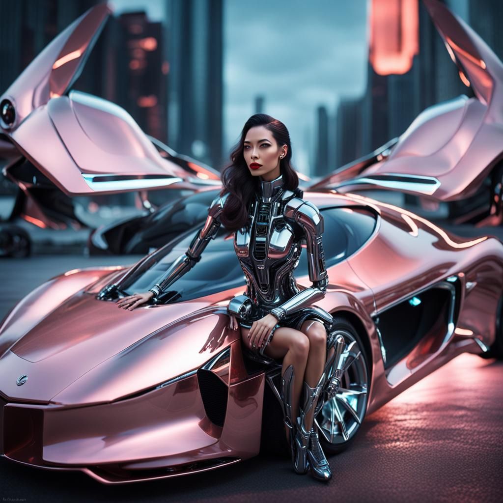 Miniature Cyborg Woman Poses with Sports Car