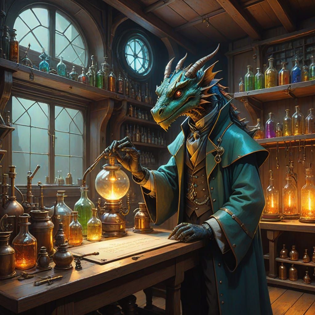Steampunk Wizard in Potion Lab Amidst Mystical Sparkles