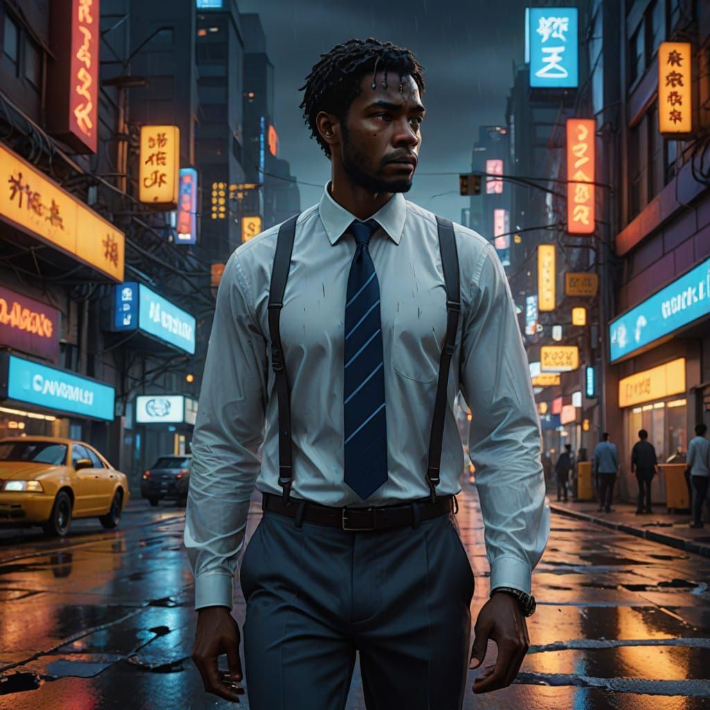 Man in Business District at Dusk in Neon-Lit Futuristic Styl...