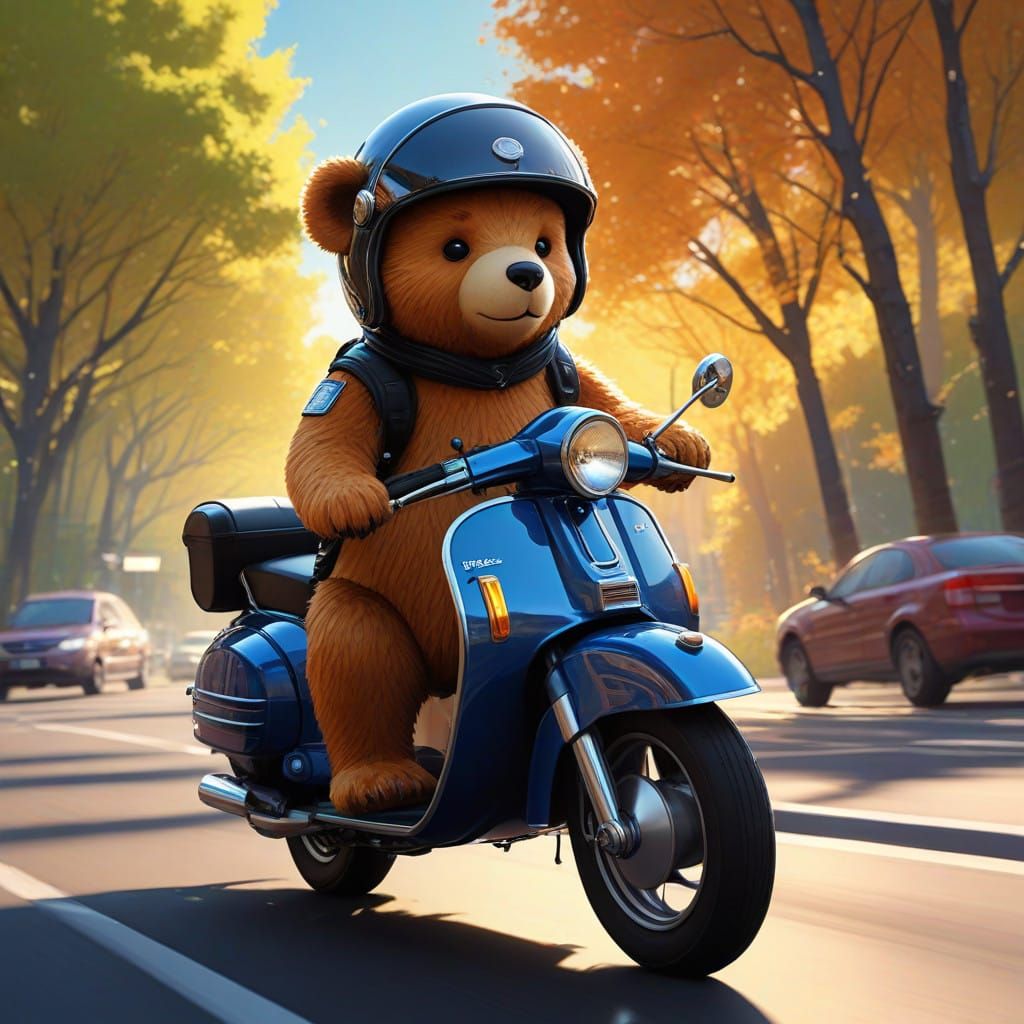 Hyper-Realistic Teddy Bear Rides Vintage Scooter Down Sun-Ki...