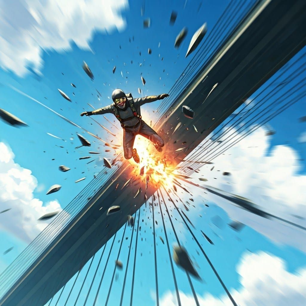 Skydiver Bridge Impact in Gritty Futuristic Style