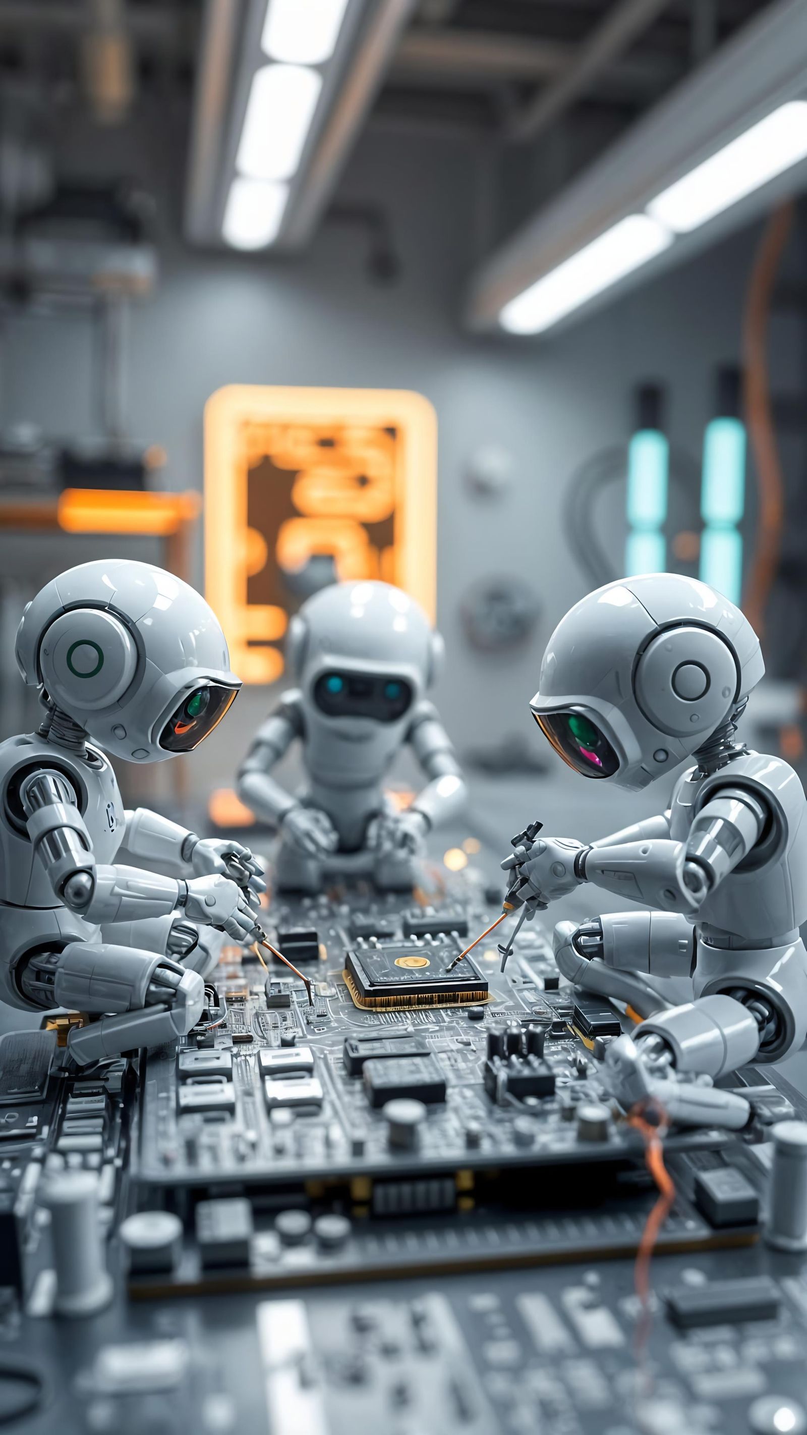 Robots Assemble Circuit Board in Futuristic Lab