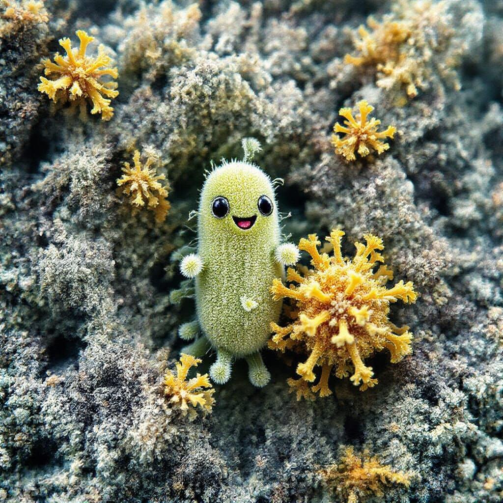Tiny Cartoon Algae Between Spores Under Microscope