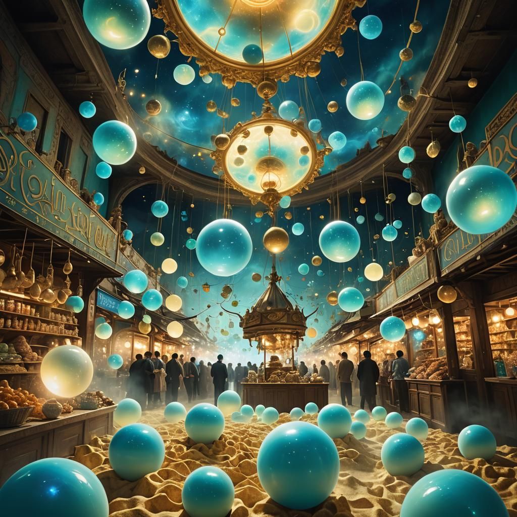 Surreal Market with Floating Orbs in Dreamlike Style