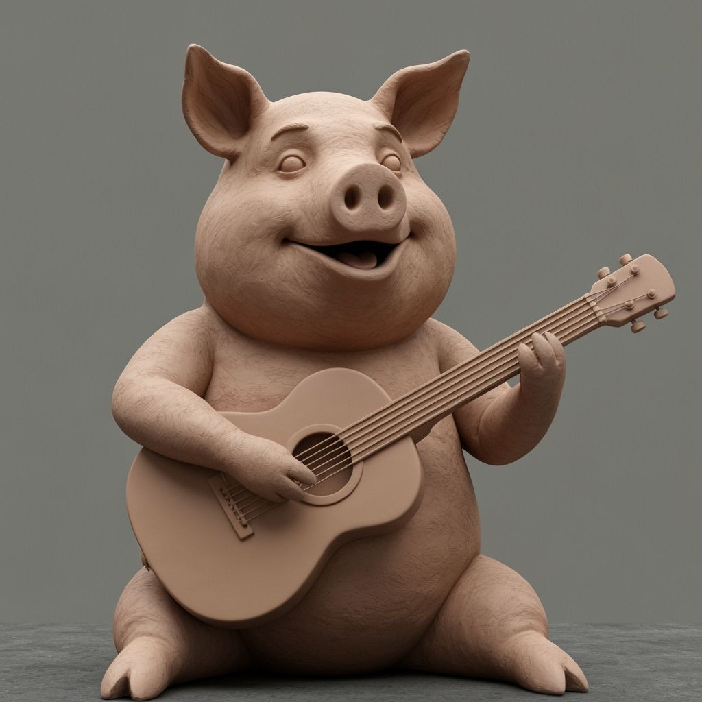 Clay Pig Musician Playing Guitar, Detailed Matte Painting
