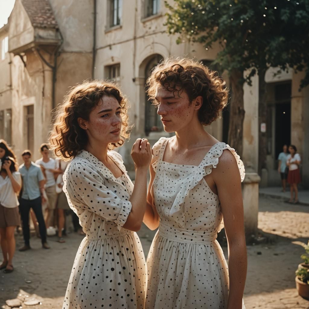 Cinematic Portrait of a Boy in Polka Dress with Curly Hair