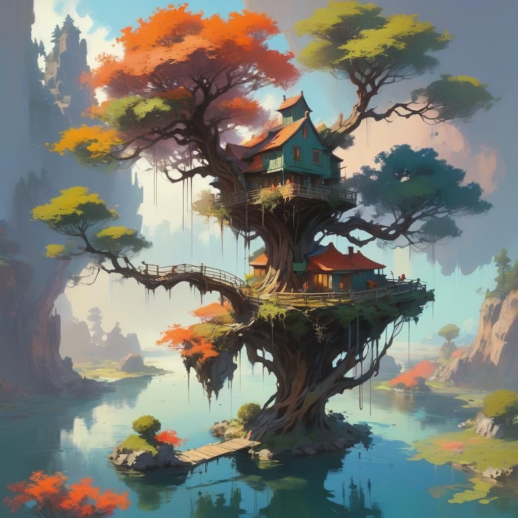 Dreamlike Landscape with Floating Islands in Anime Style