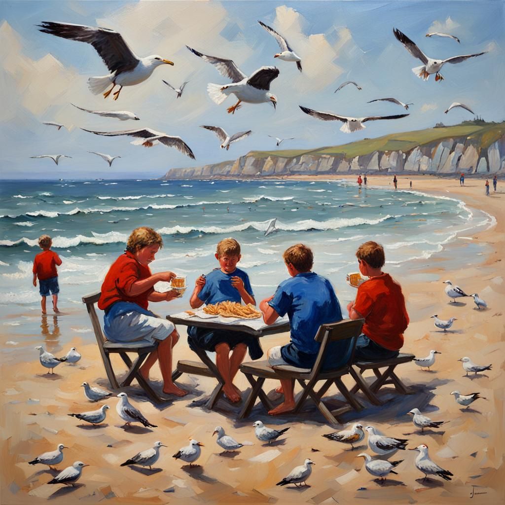 Seagulls Stealing Fish and Chips: Oil Painting