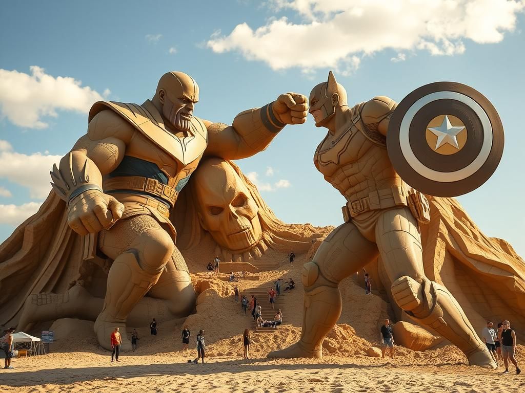 Thanos and Captain America engaged in an epic battle,sand sc...