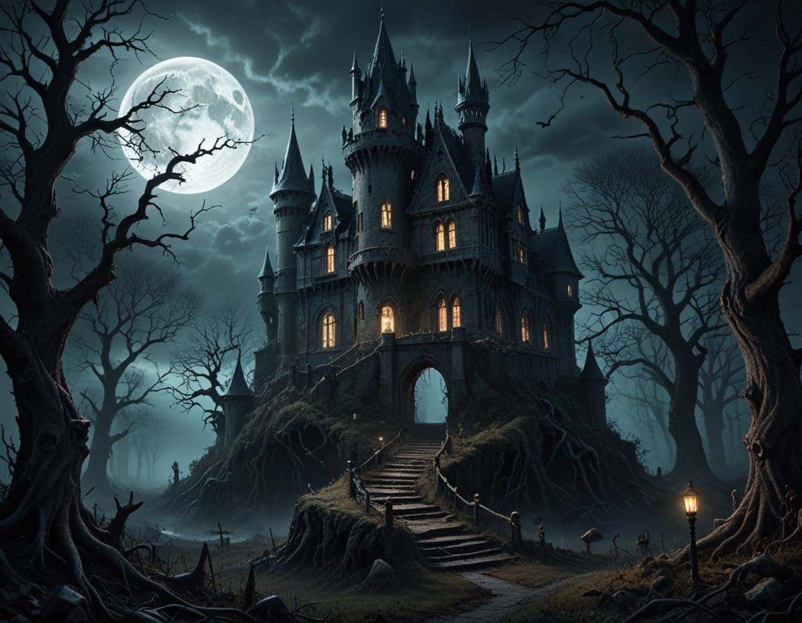 Gothic Fantasy Castle Under Full Moon