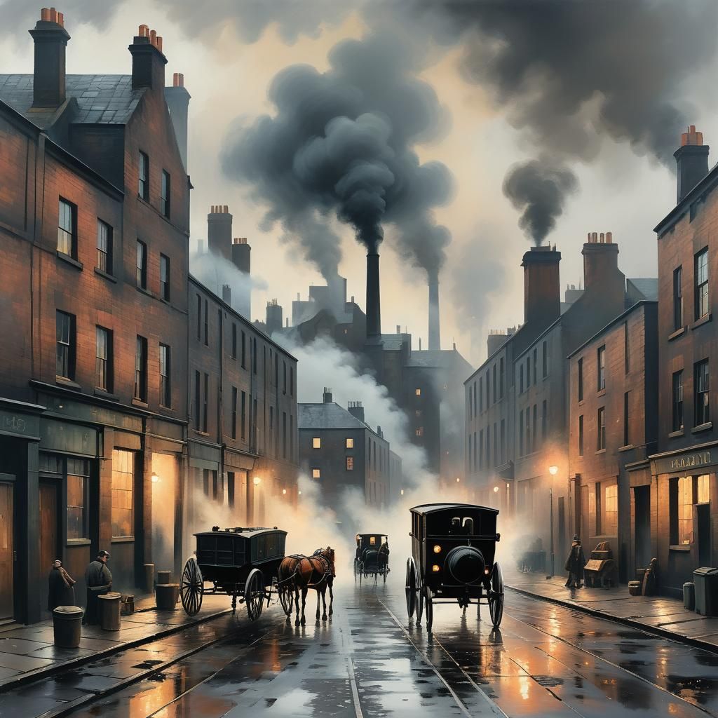 Gorbals Slum: Industrial Landscape Painting in Lowry Style