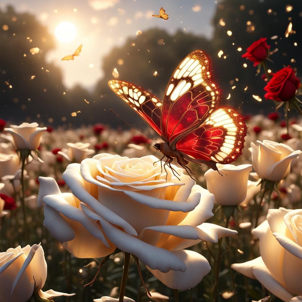 Golden Butterfly and Red Rose Fantasy Art