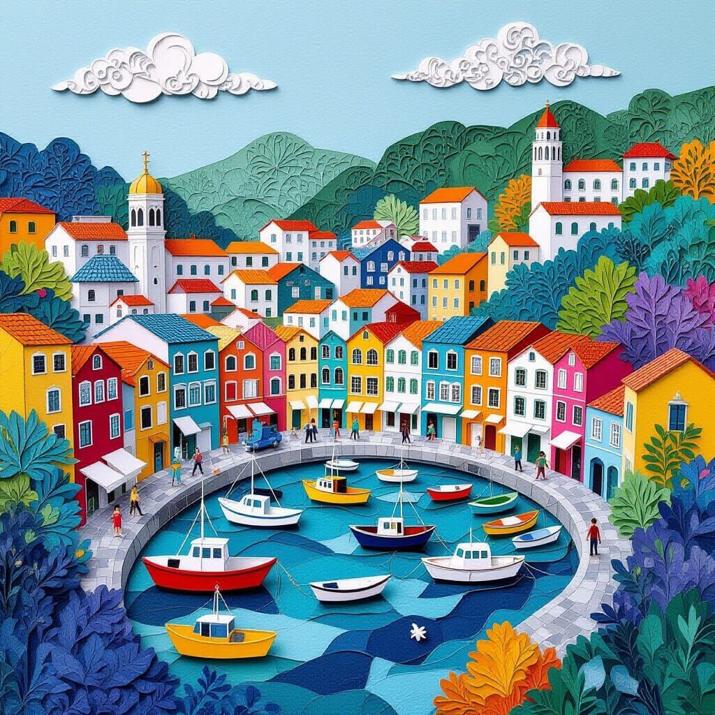 Intricate Paper Cut Harbour in Bold Colors