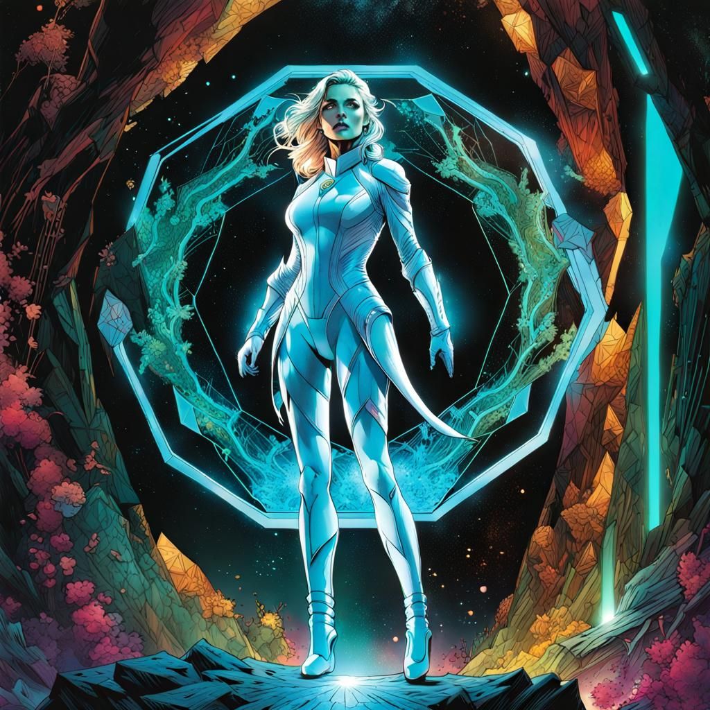 Ethereal Invisible Woman in 1980s Comic Style