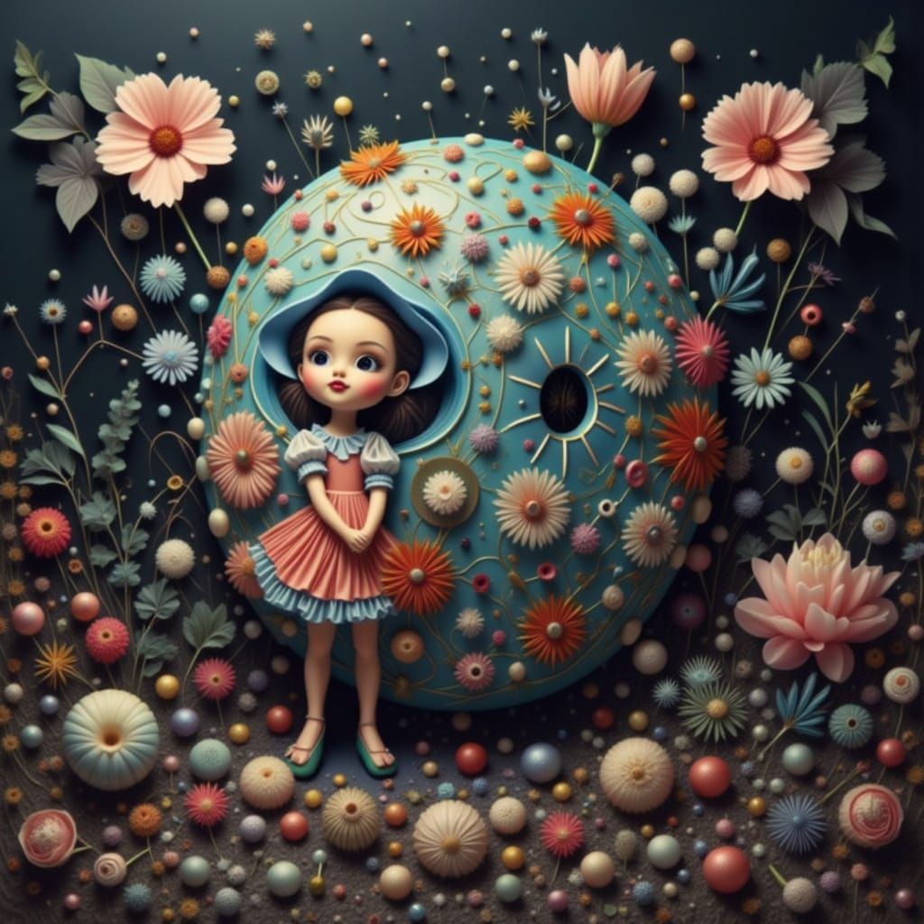 Adorable Girl Surrounded by Flowers in Whimsical Style