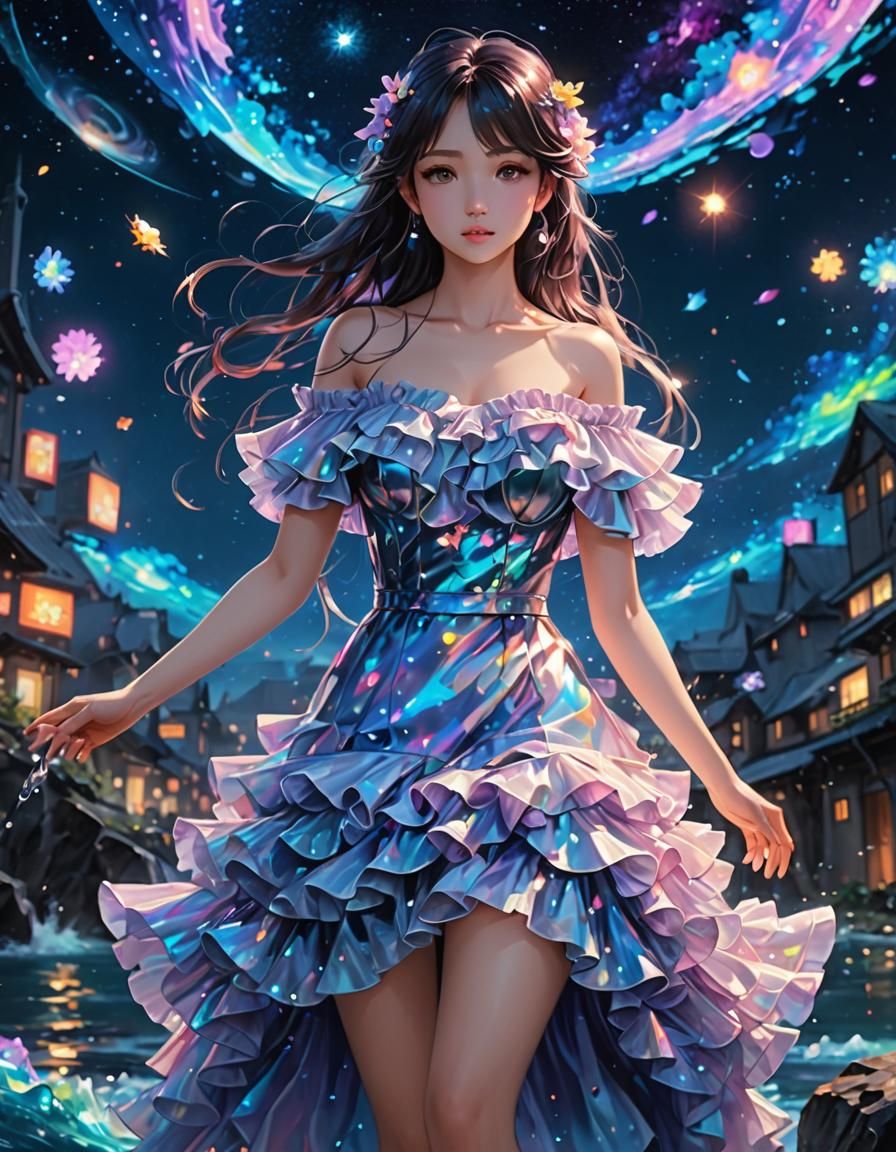 Neon Dress in Galaxy Sky: 3D Anime Art