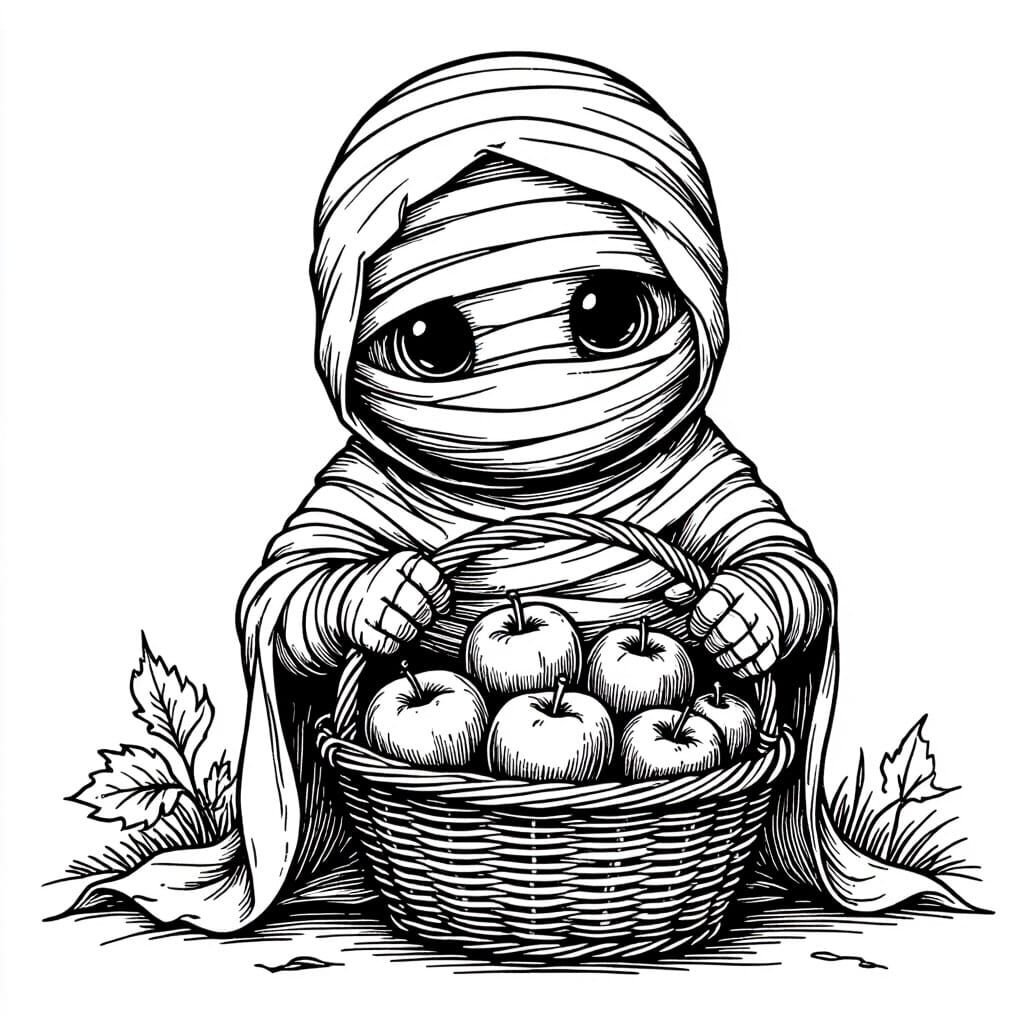Shy Mummy Unwraps Friendly Face with Apple Basket