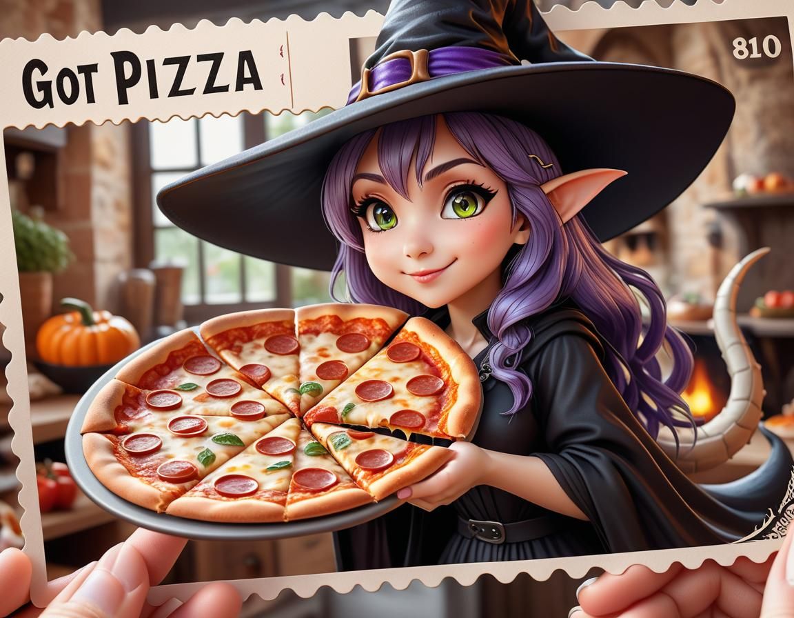 Anime Witch Dragon Postcard: Got Pizza