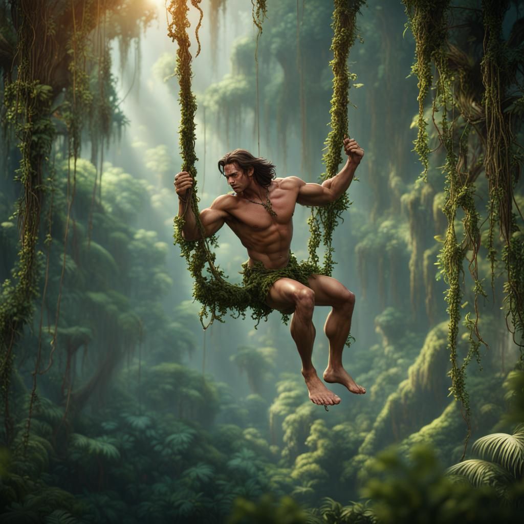 Tarzan Swings Through Jungle: Detailed Matte Painting