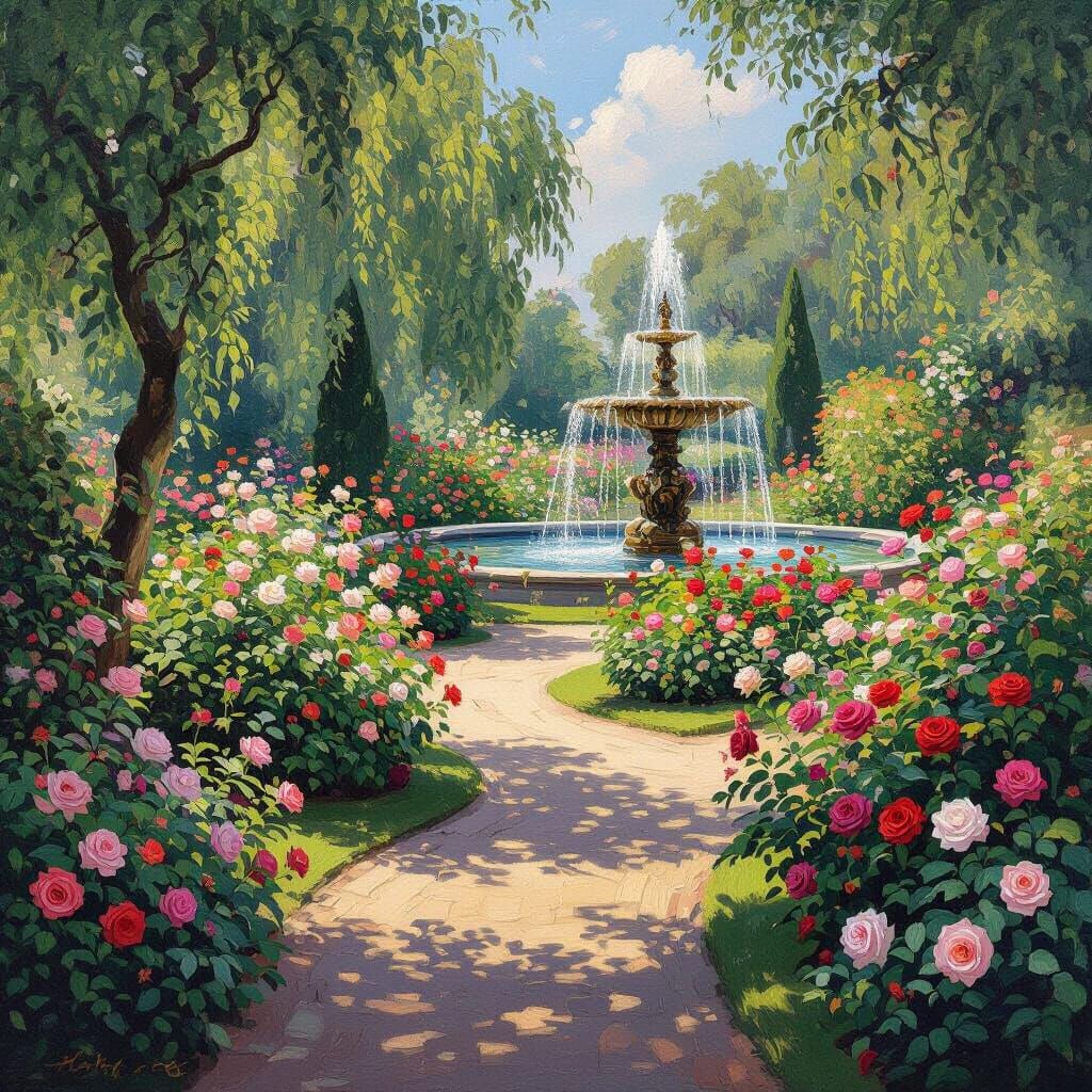 Rose Garden with Fountain in Impressionist Style