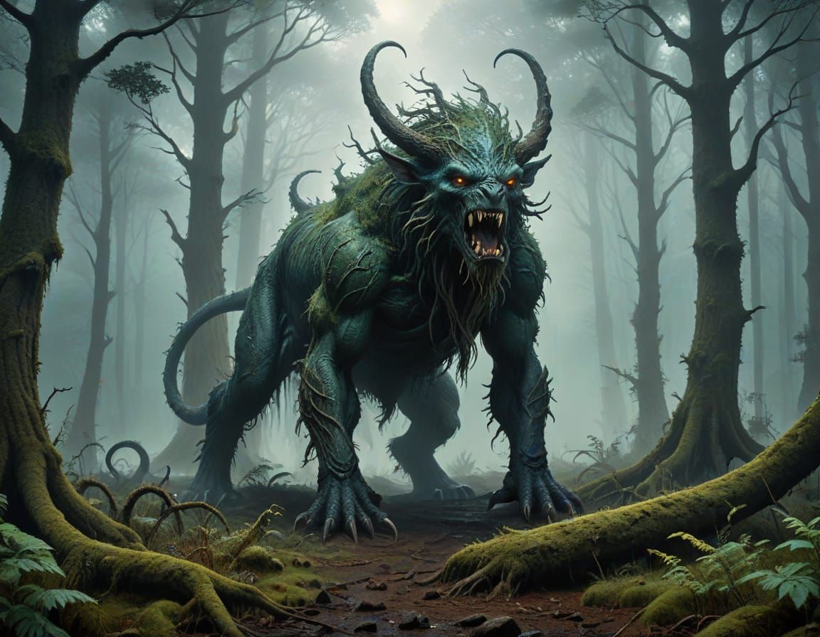 Mysterious Beast in a Foggy Forest Landscape