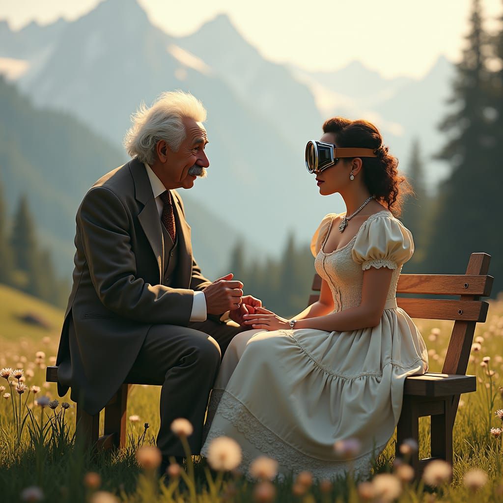 Alice Meets Einstein in Swiss Meadow, Digital Art