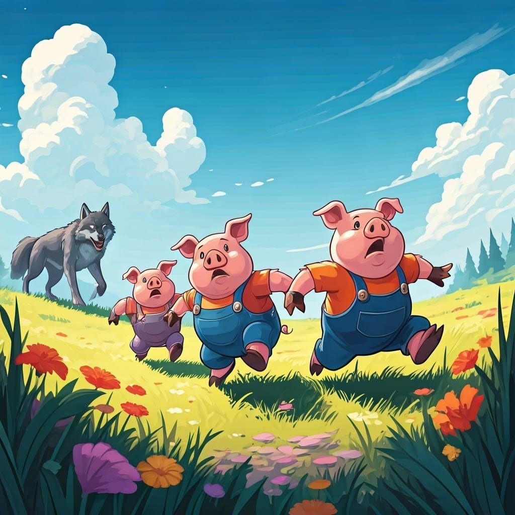 Pigs Running from Wolf in Comic Book Style